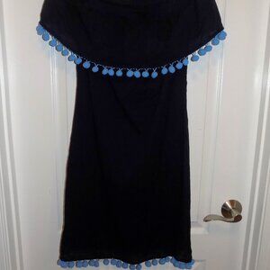 NWT SAIL to SABLE Navy Blue Off-Shoulder Dress Pom Pom Trim XXS Beach Cruise